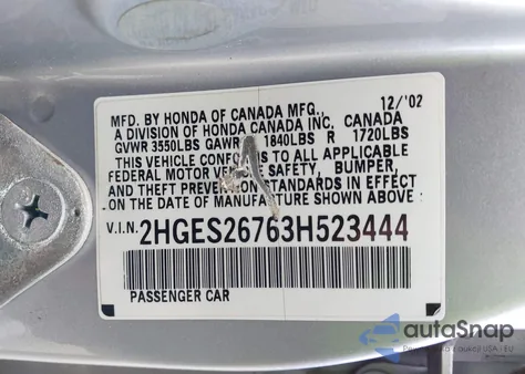 2003 Honda Civic Ex from USA, damaged, VIN 2HGES26763H523444